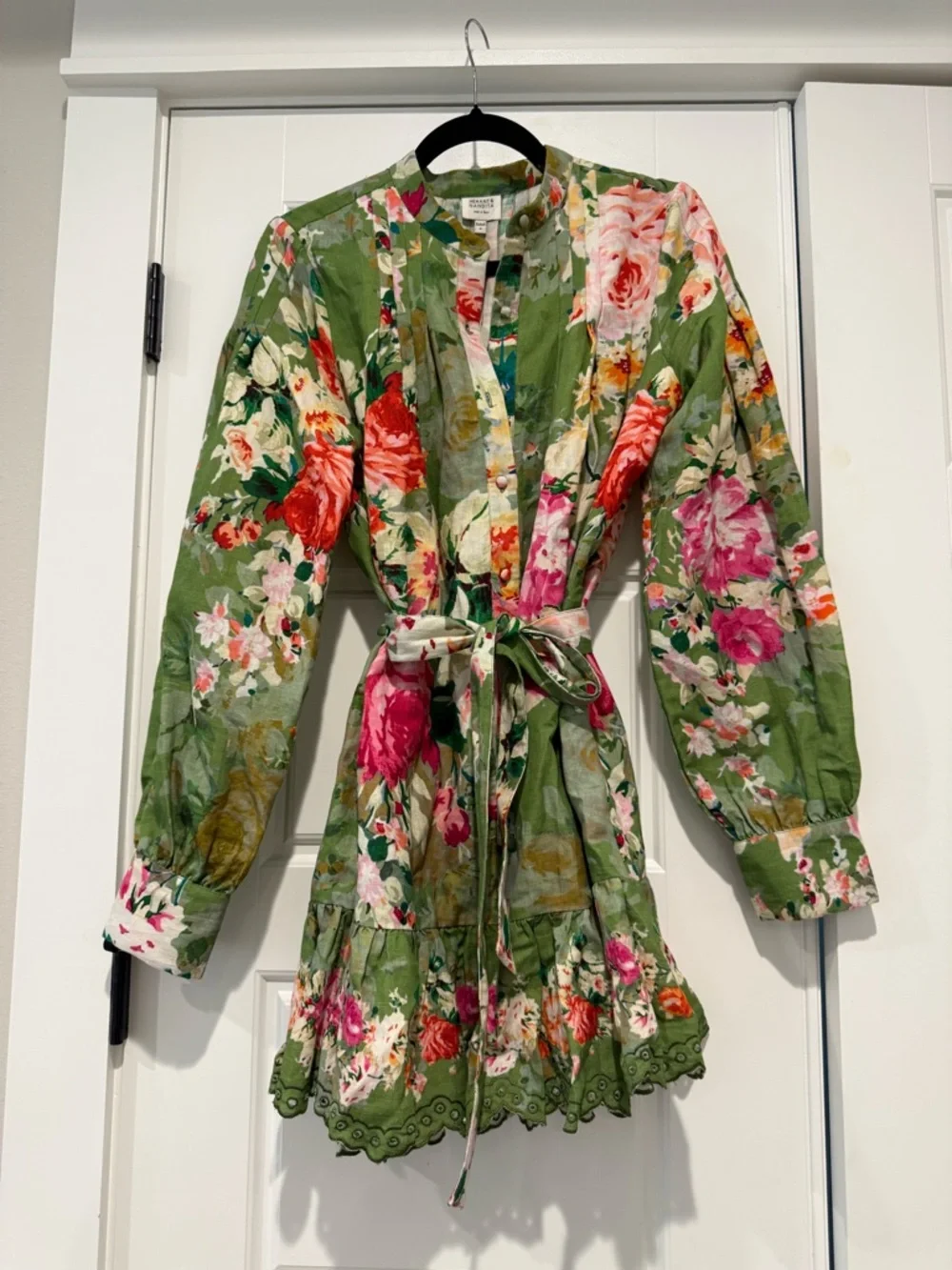 HEMANT & NANDITA Olive Green Floral Tie-Waist Mini Dress - Picture 2 of 2